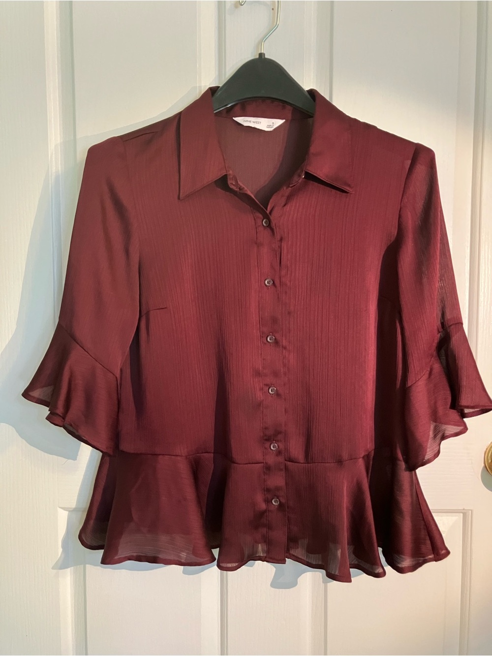 Nine West Burgundy Ruffle Hem Button-Front Blouse with Camisole